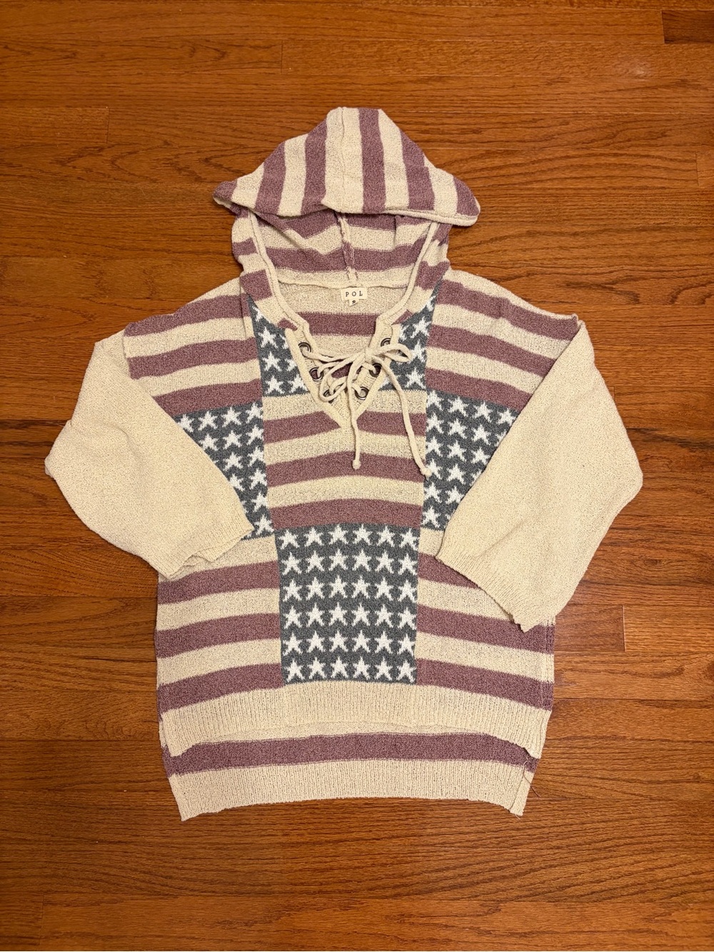 POL | American Striped Hooded Lace-Up Sweater in Cream Size S